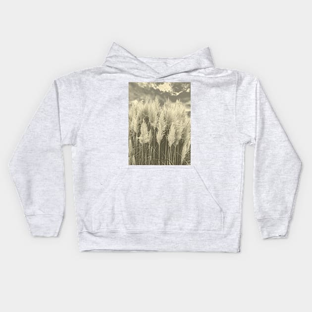 White Pampas Grass with dramatic sky above, nature sepia color photography Kids Hoodie by KINKDesign